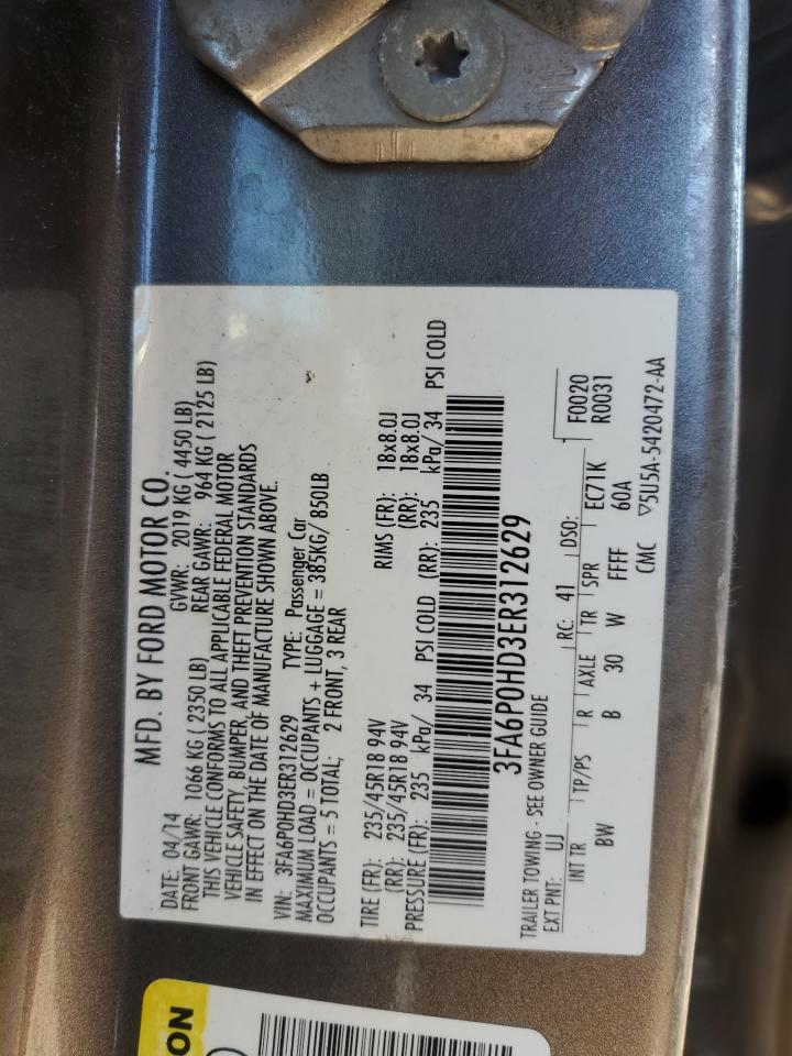 2014 Ford Fusion Se VIN: 3FA6P0HD3ER312629 Lot: 86542255