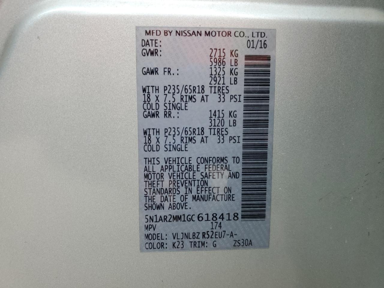 2016 Nissan Pathfinder S VIN: 5N1AR2MM1GC618418 Lot: 85339585