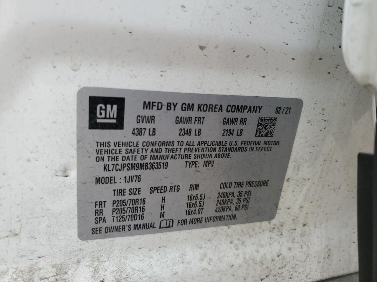 2021 Chevrolet Trax 1Lt VIN: KL7CJPSM9MB363519 Lot: 86538005