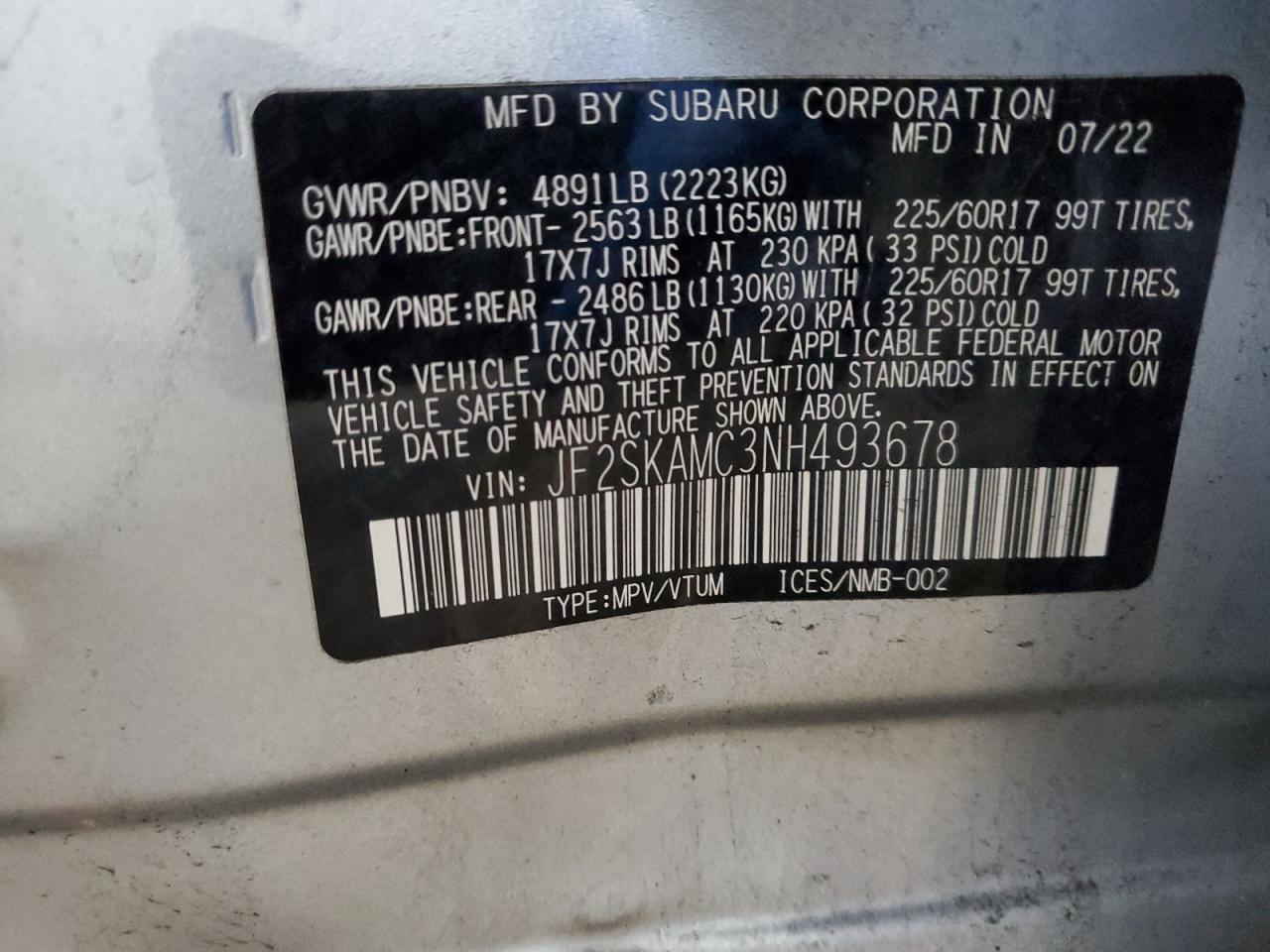 2022 Subaru Forester Wilderness VIN: JF2SKAMC3NH493678 Lot: 86694865