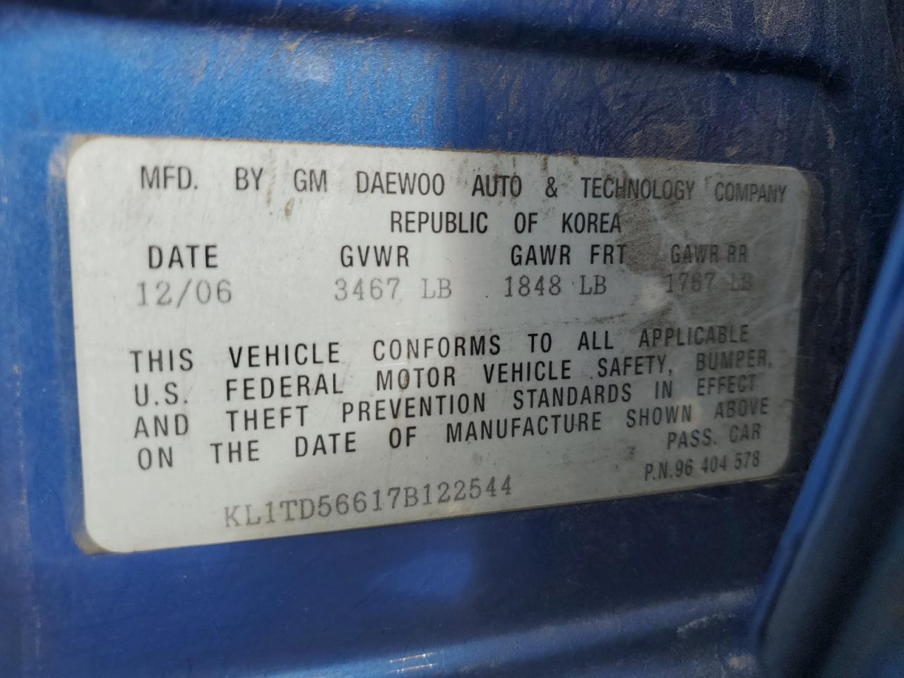 2007 Chevrolet Aveo Base VIN: KL1TD56617B122544 Lot: 84976735