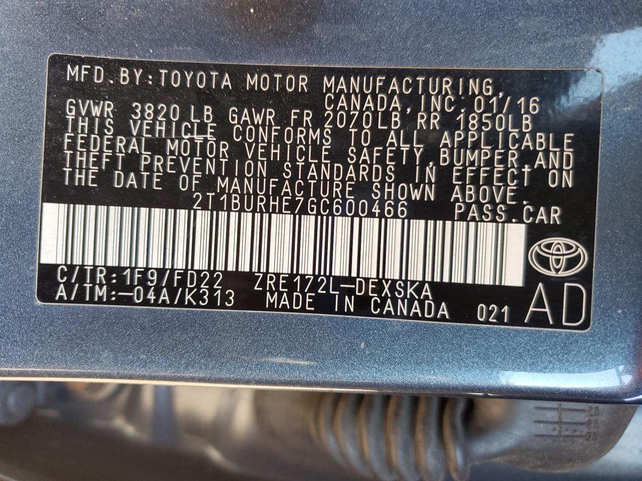 2016 Toyota Corolla L VIN: 2T1BURHE7GC600466 Lot: 84934895