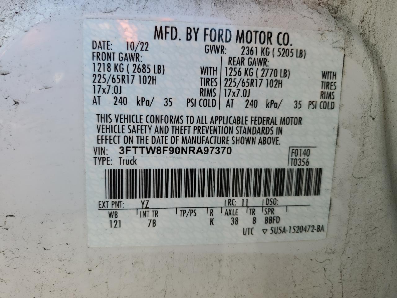 2022 Ford Maverick Xl VIN: 3FTTW8F90NRA97370 Lot: 85097925