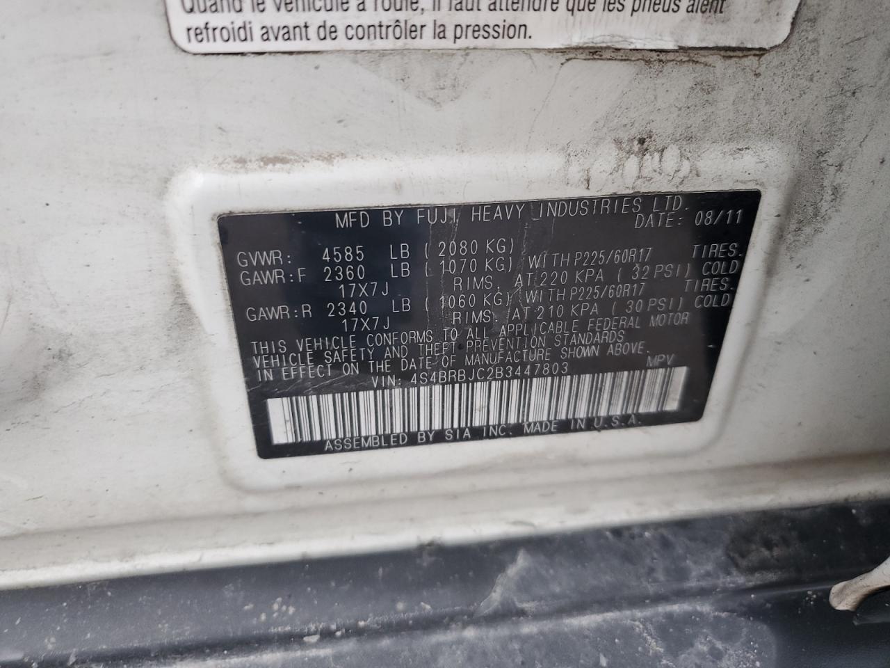 2011 Subaru Outback 2.5I Limited VIN: 4S4BRBJC2B3447803 Lot: 85188125