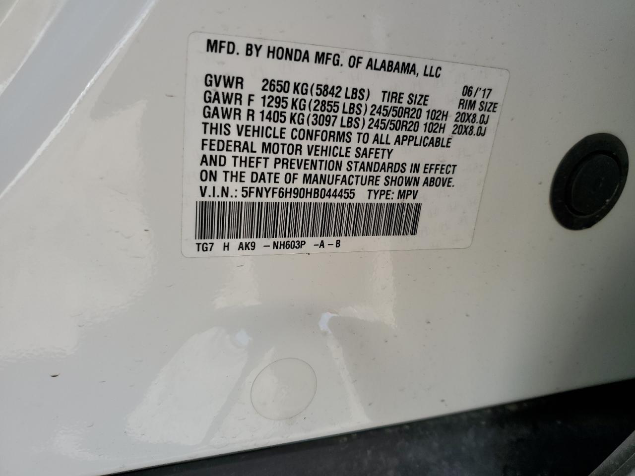 2017 Honda Pilot Touring VIN: 5FNYF6H90HB044455 Lot: 87043075