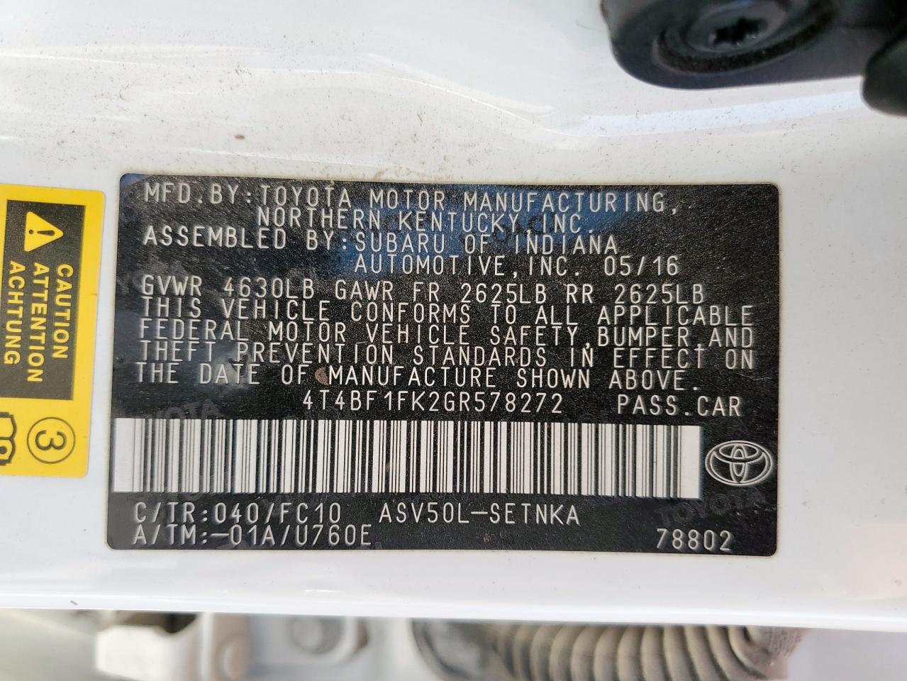 2016 Toyota Camry Le VIN: 4T4BF1FK2GR578272 Lot: 84965765