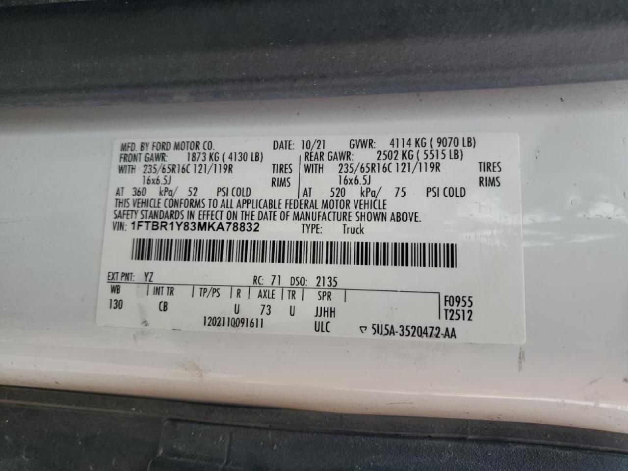 2021 Ford Transit 250 Delivery Van VIN: 1FTBR1Y83MKA78832 Lot: 87032165