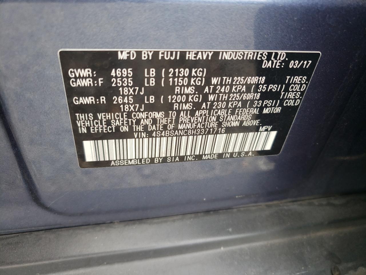 2017 Subaru Outback 2.5I Limited VIN: 4S4BSANC8H3371716 Lot: 85945725