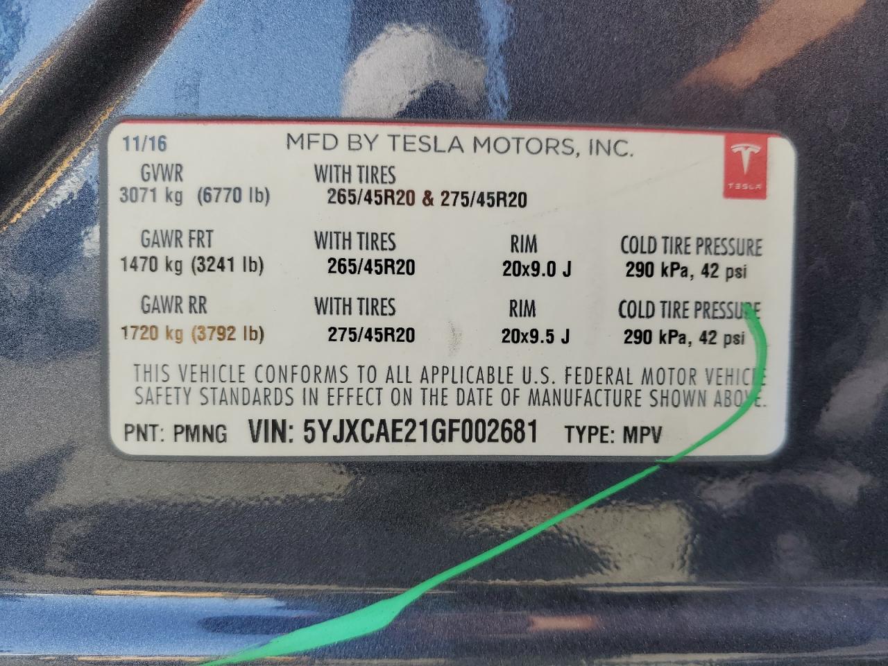 2016 Tesla Model X VIN: 5YJXCAE21GF002681 Lot: 66333525