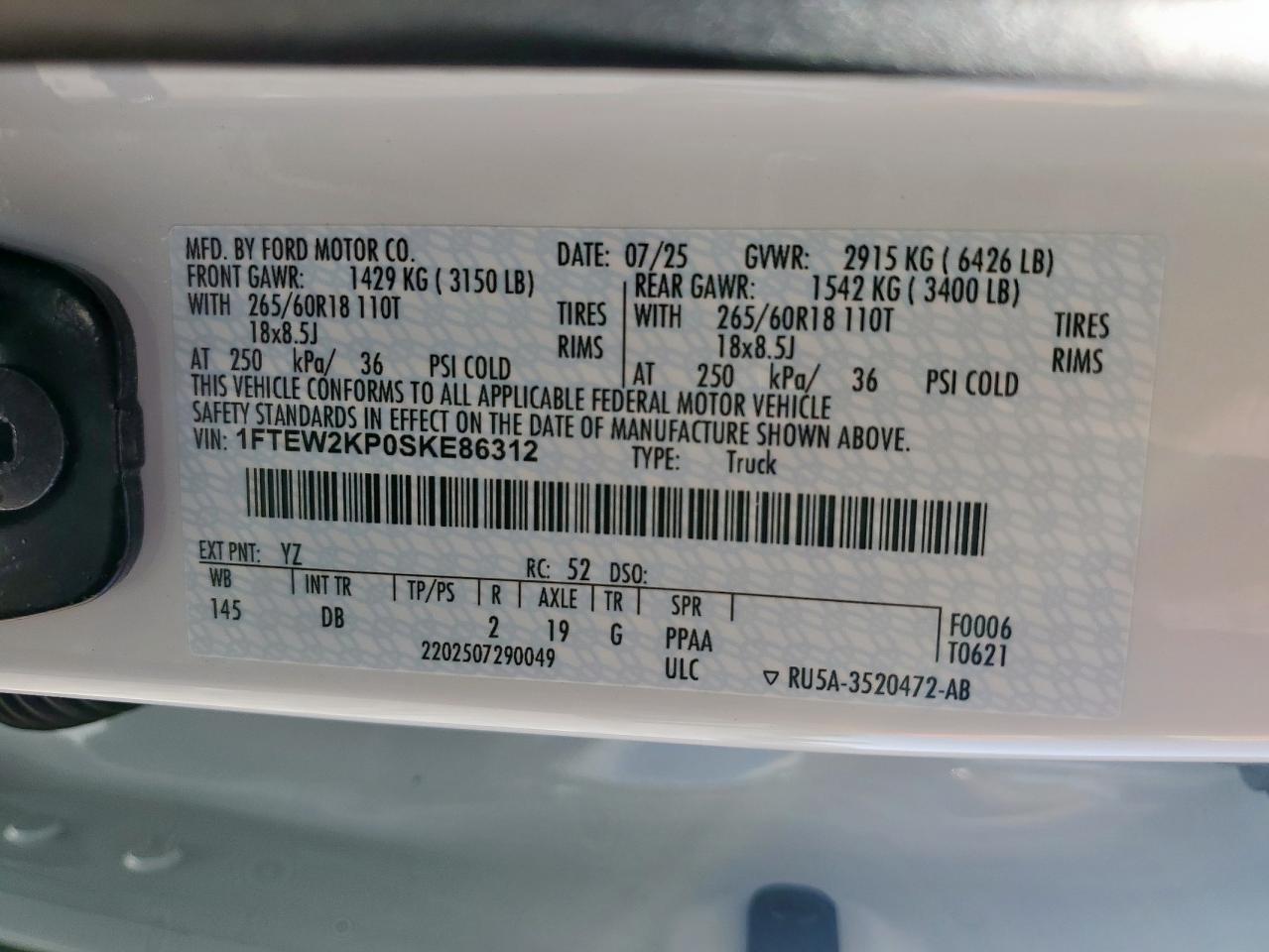 2025 Ford F150 Stx VIN: 1FTEW2KP0SKE86312 Lot: 89507475