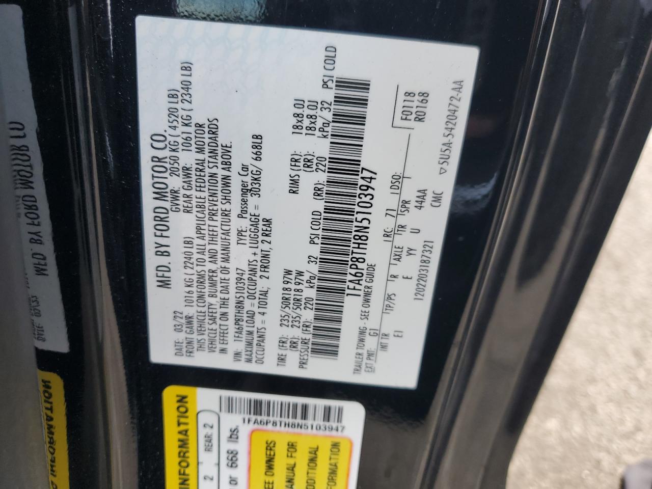 2022 Ford Mustang VIN: 1FA6P8TH8N5103947 Lot: 84955565