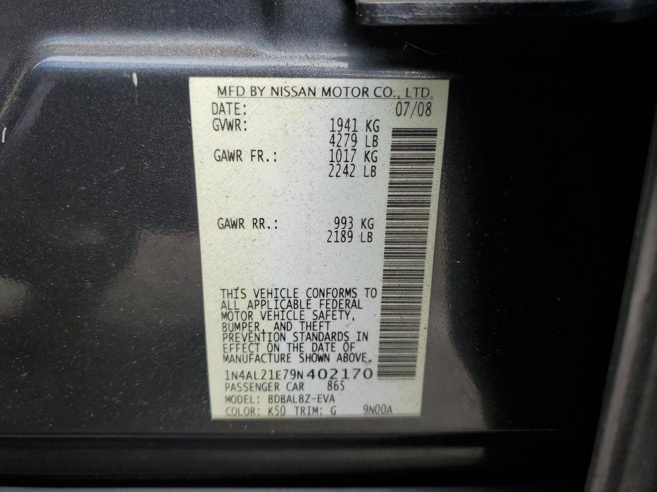 2009 Nissan Altima 2.5 VIN: 1N4AL21E79N402170 Lot: 82330335