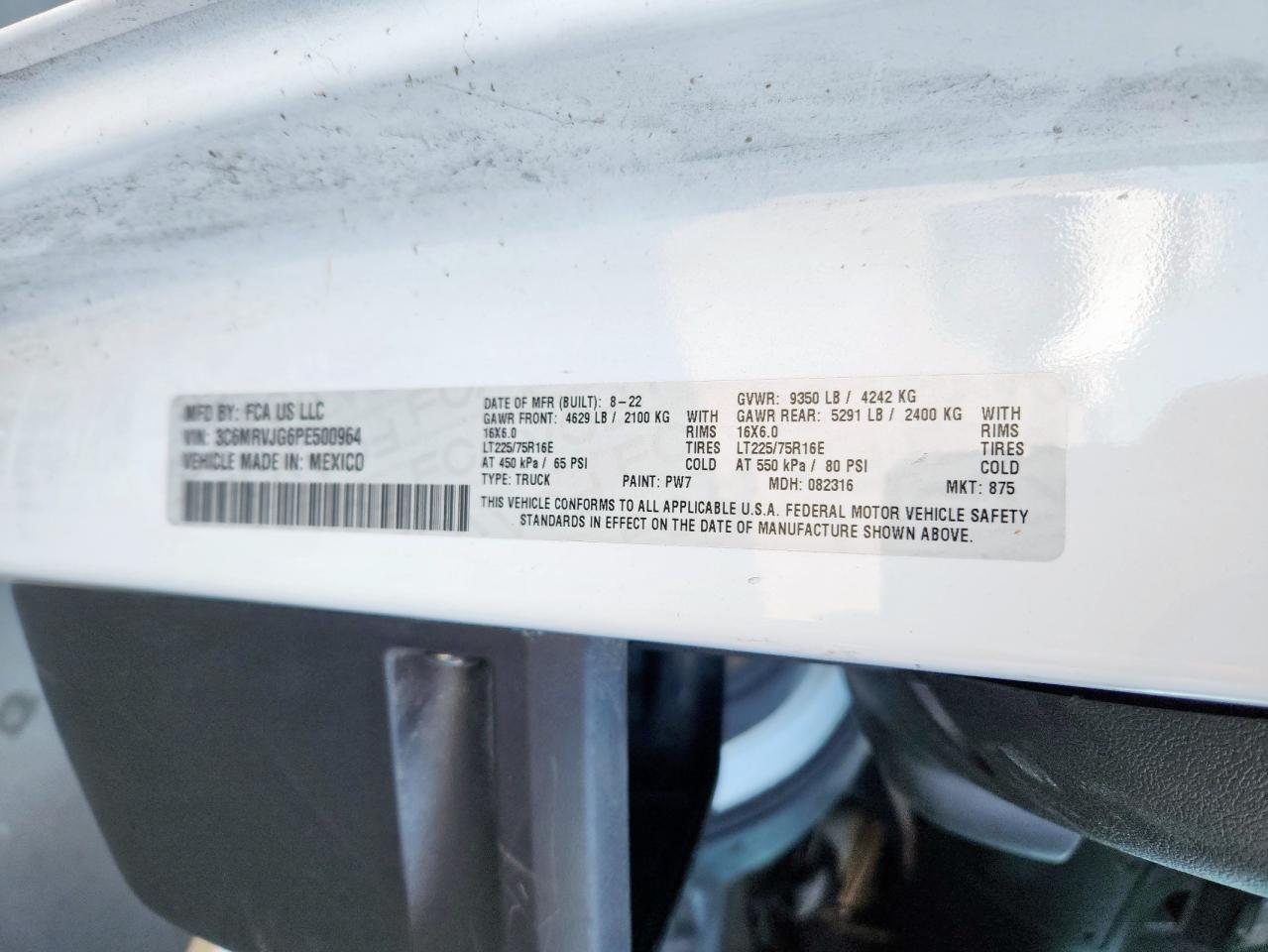 2023 Ram Promaster 3500 3500 High VIN: 3C6MRVJG6PE500964 Lot: 93543675