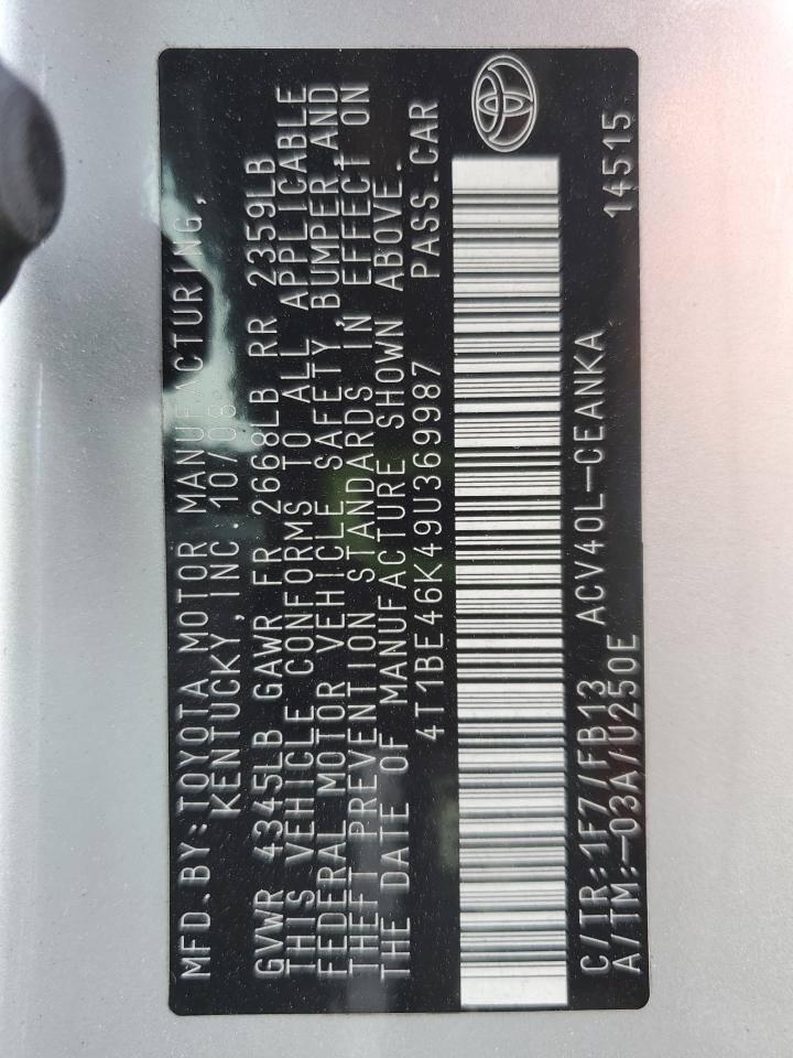 2009 Toyota Camry Base VIN: 4T1BE46K49U369987 Lot: 85082905