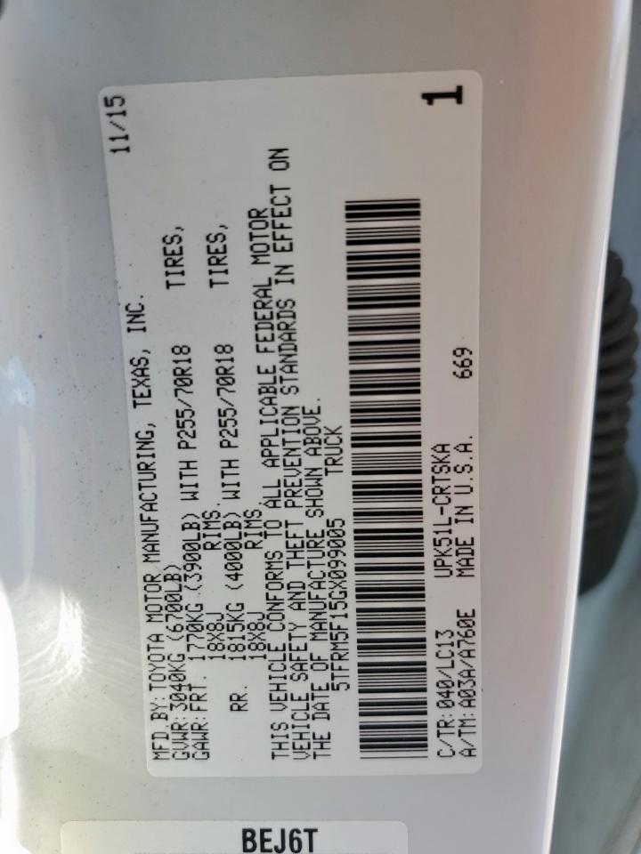 2016 Toyota Tundra Double Cab Sr VIN: 5TFRM5F15GX099005 Lot: 85370405