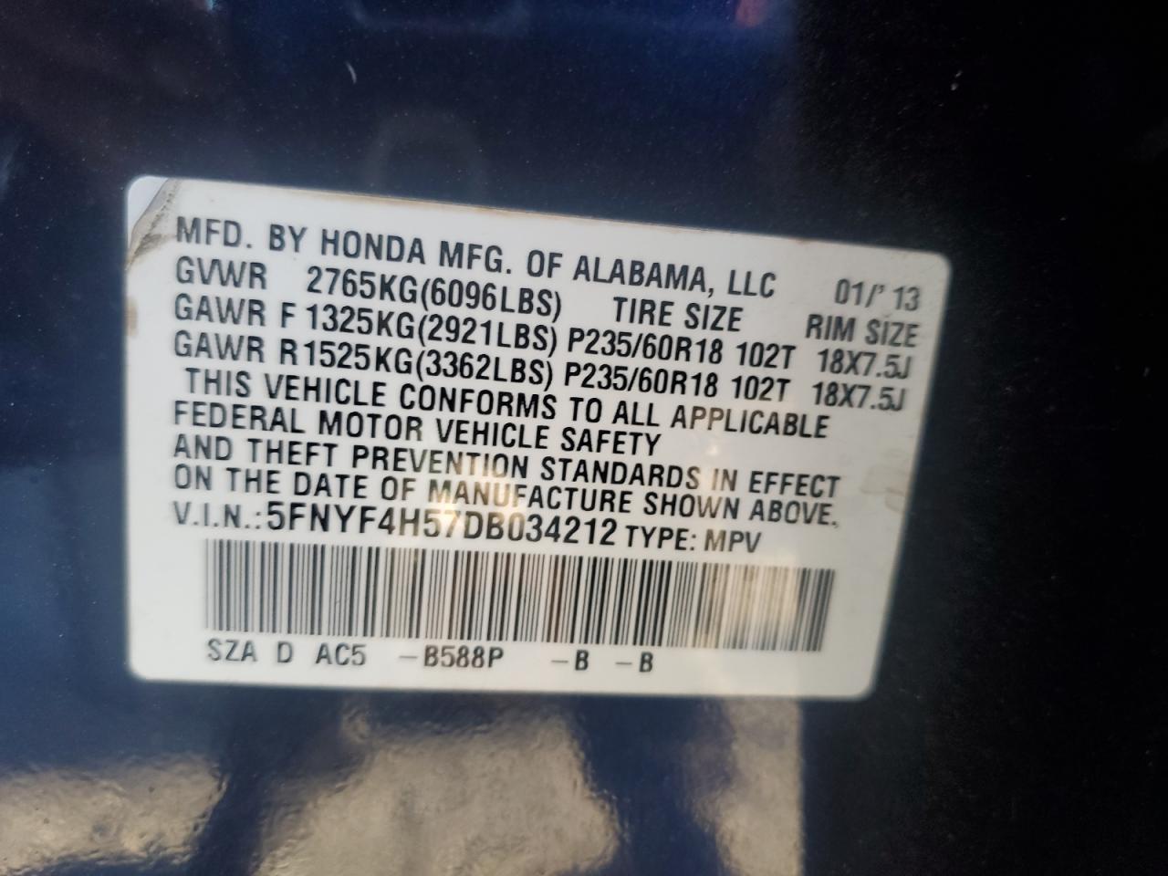 2013 Honda Pilot Exl VIN: 5FNYF4H57DB034212 Lot: 86078565