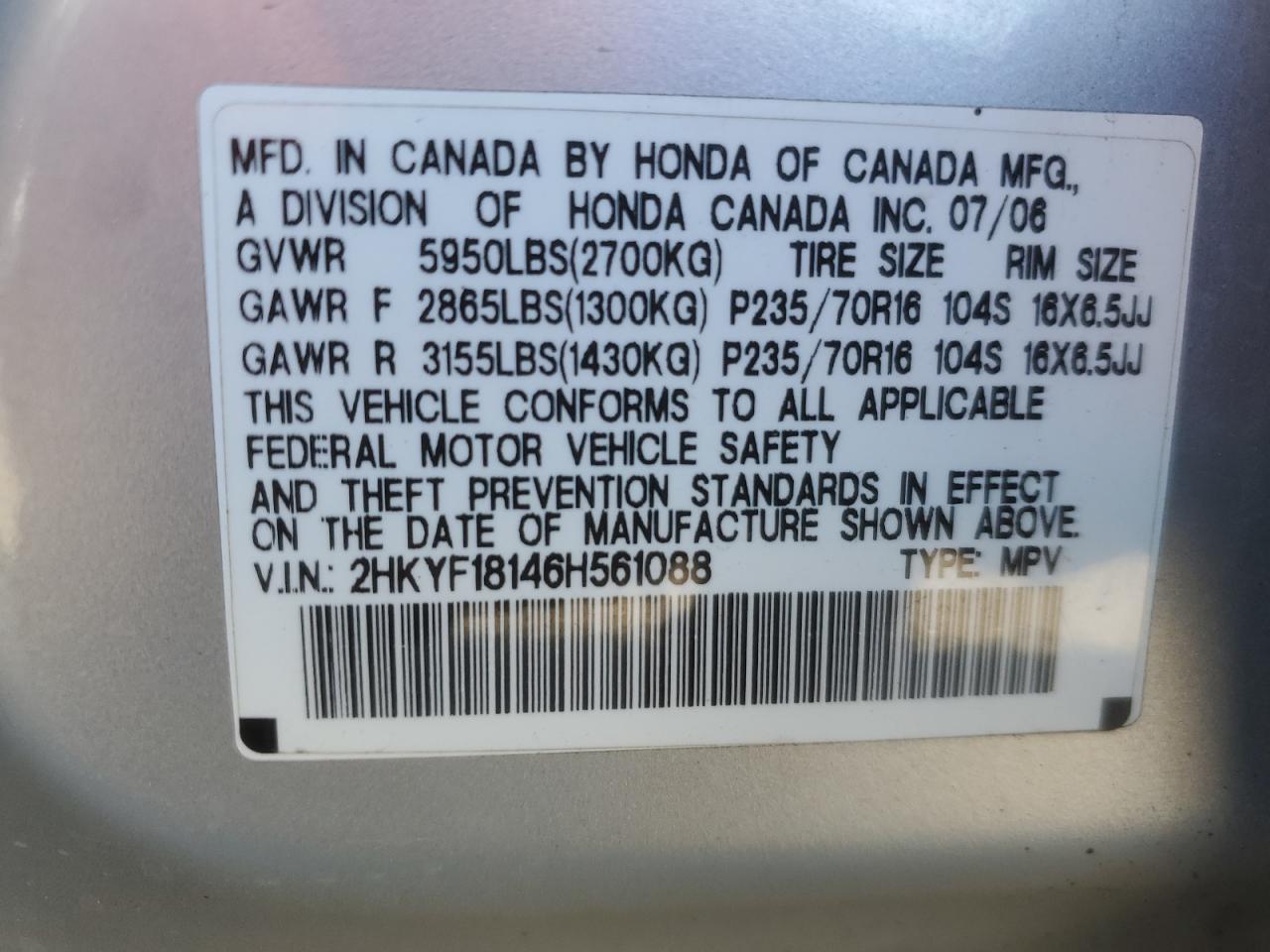 2006 Honda Pilot Lx VIN: 2HKYF181H6H561088 Lot: 83757335