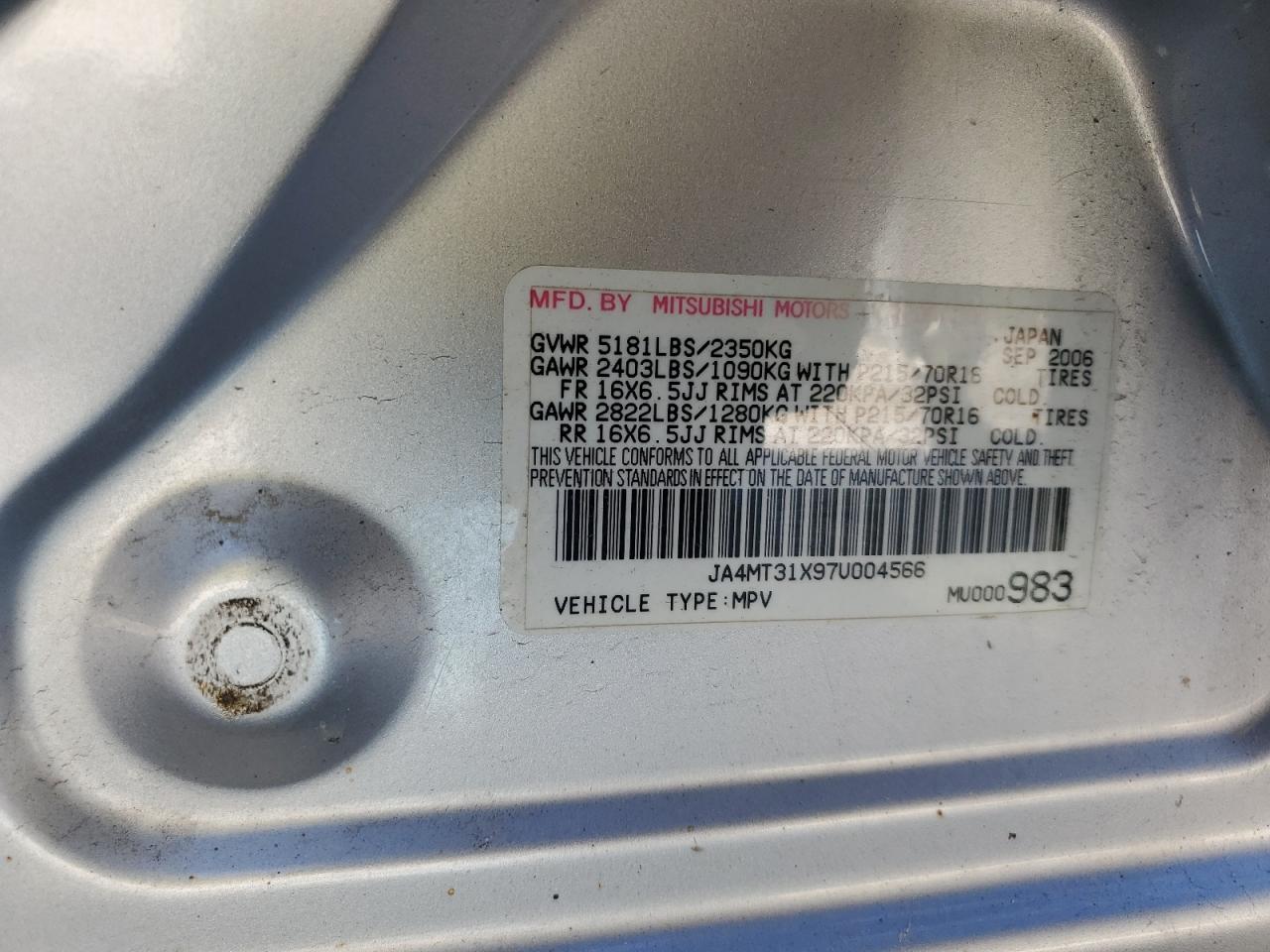 2007 Mitsubishi Outlander Ls VIN: JA4MT31X97U004566 Lot: 90212905