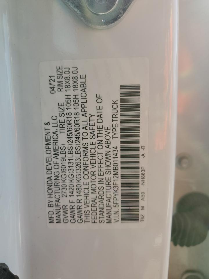 2021 Honda Ridgeline Sport VIN: 5FPYK3F12MB011434 Lot: 90357905