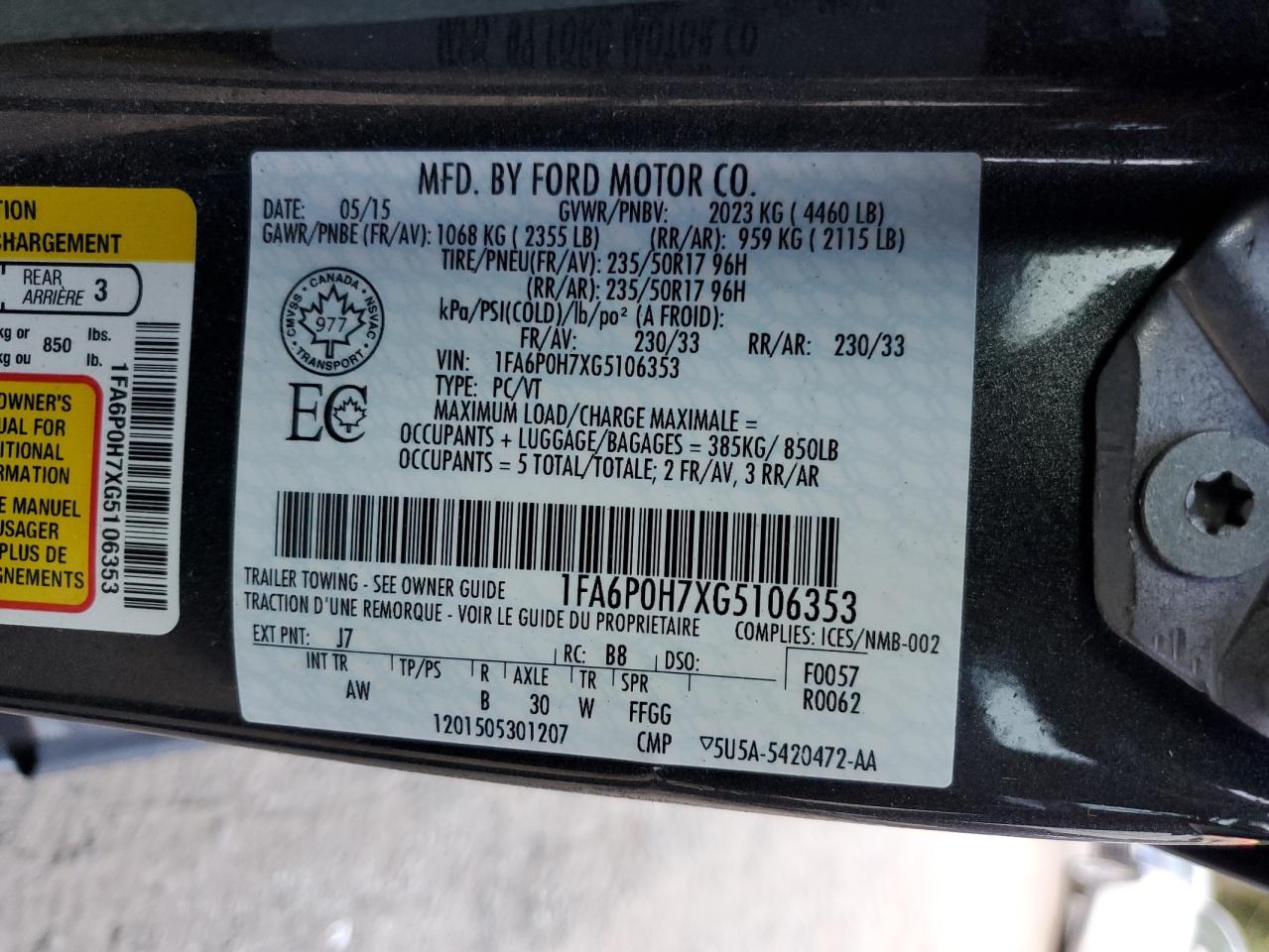 2016 Ford Fusion Se VIN: 1FA6P0H7XG5106353 Lot: 80179655