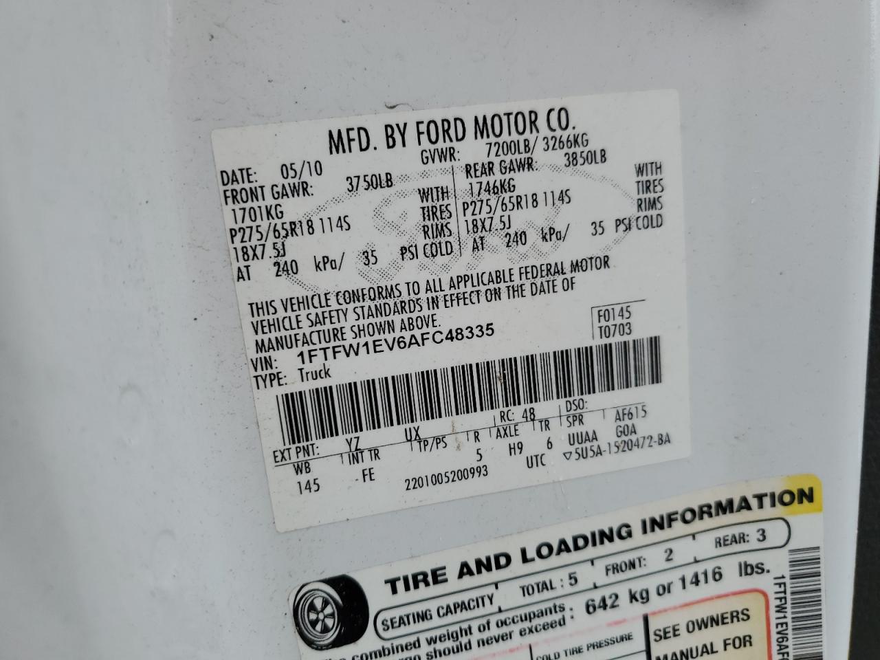 2010 Ford F150 Supercrew VIN: 1FTFW1EV6AFC48335 Lot: 84789255