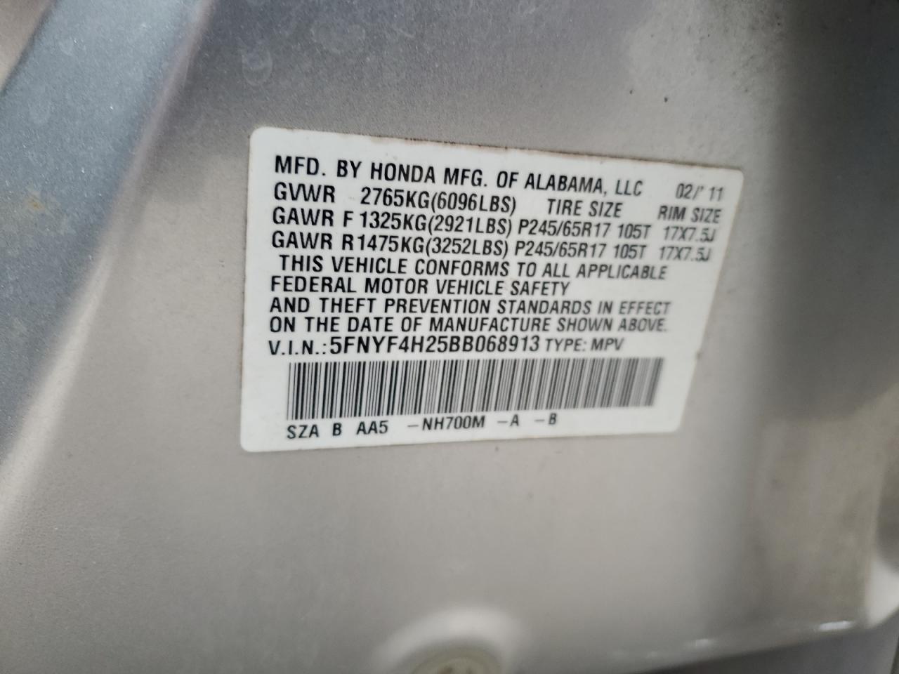 2011 Honda Pilot Lx VIN: 5FNYF4H25BB068913 Lot: 90725475