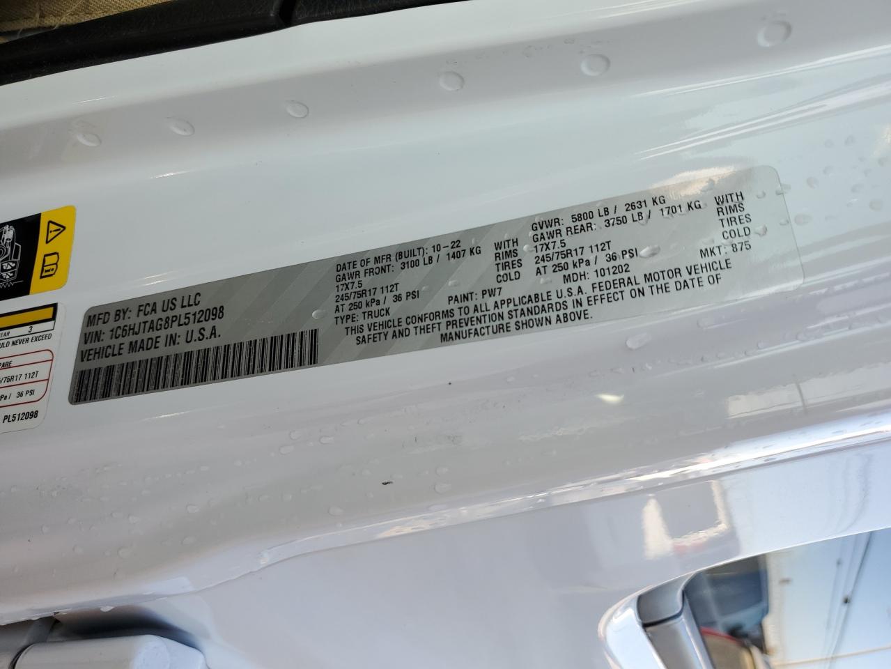 2023 Jeep Gladiator Sport VIN: 1C6HJTAG8PL512098 Lot: 89924485