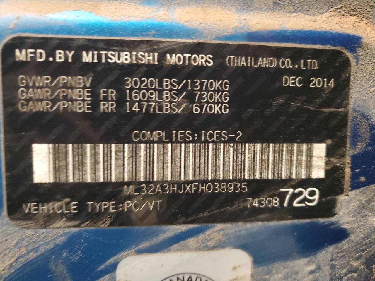 2015 Mitsubishi Mirage De VIN: ML32A3HJXFH038935 Lot: 90237045