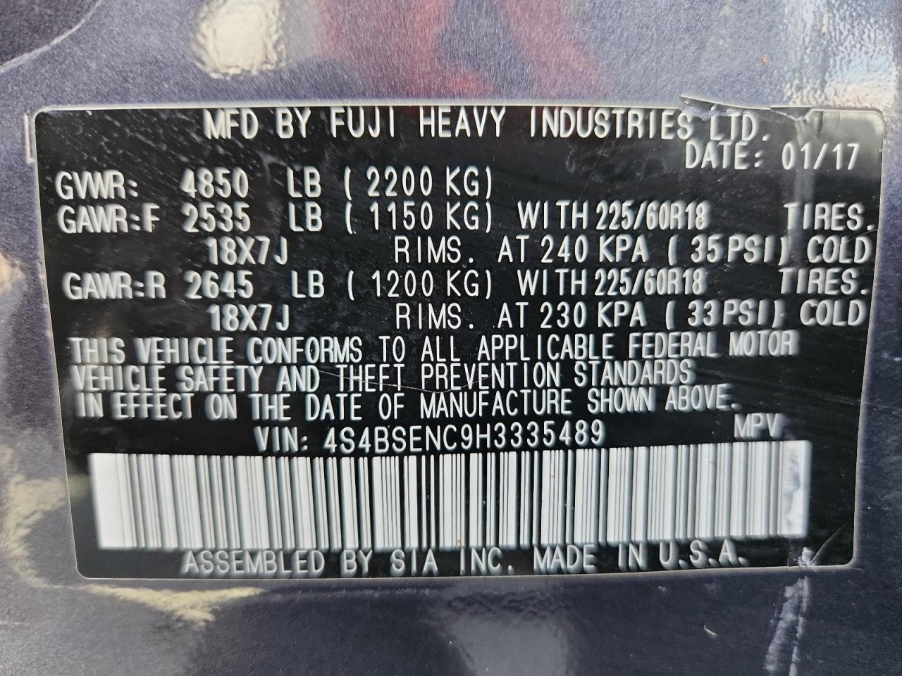 2017 Subaru Outback 3.6R Limited VIN: 4S4BSENC9H3335489 Lot: 84742505