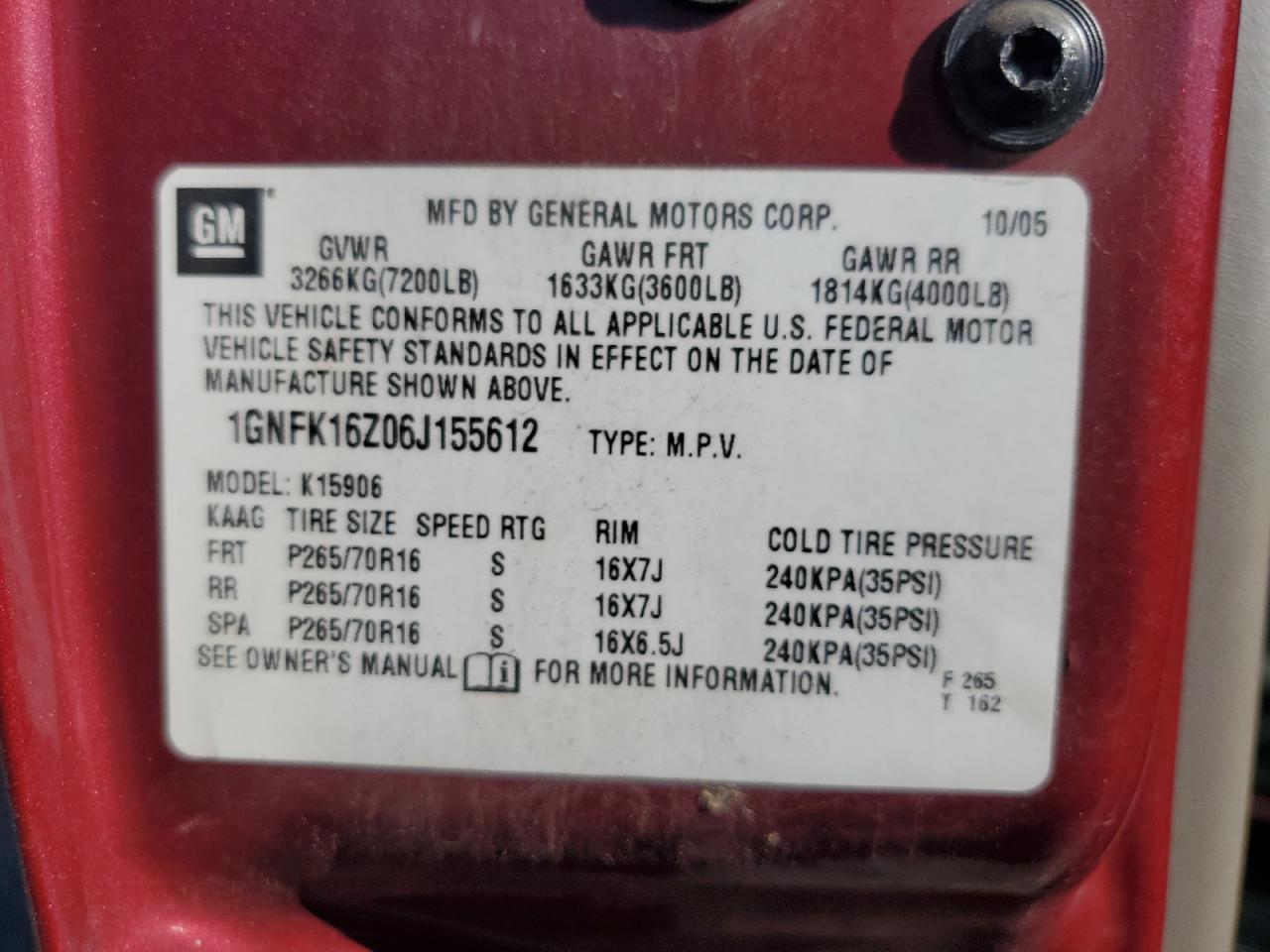 2006 Chevrolet Suburban K1500 VIN: 1GNFK16Z06J155612 Lot: 84728515