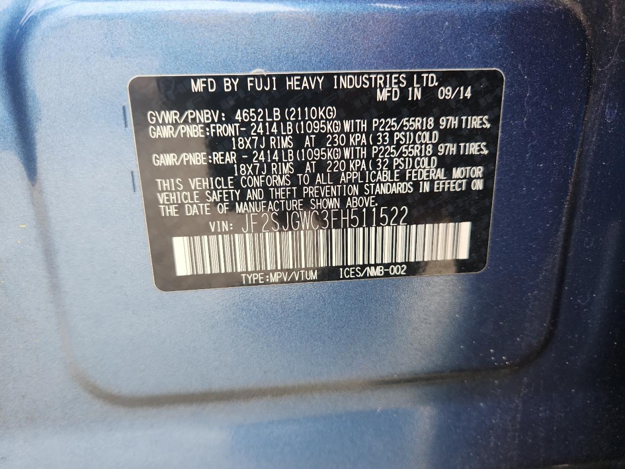 2015 Subaru Forester 2.0Xt Touring VIN: JF2SJGWC3FH511522 Lot: 82362975