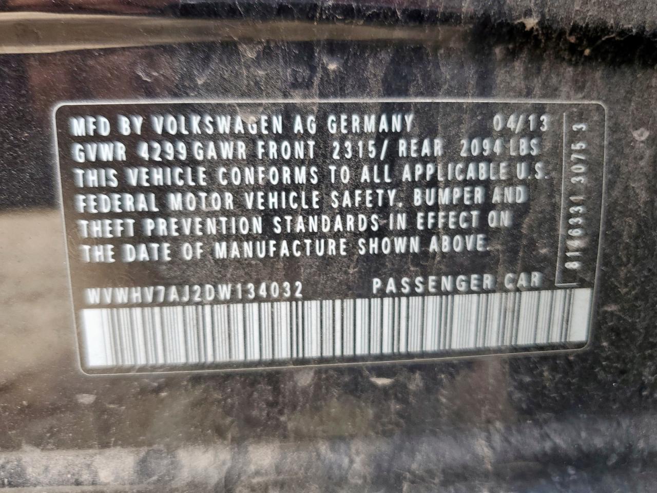 2013 Volkswagen Gti VIN: WVWHV7AJ2DW134032 Lot: 84923765