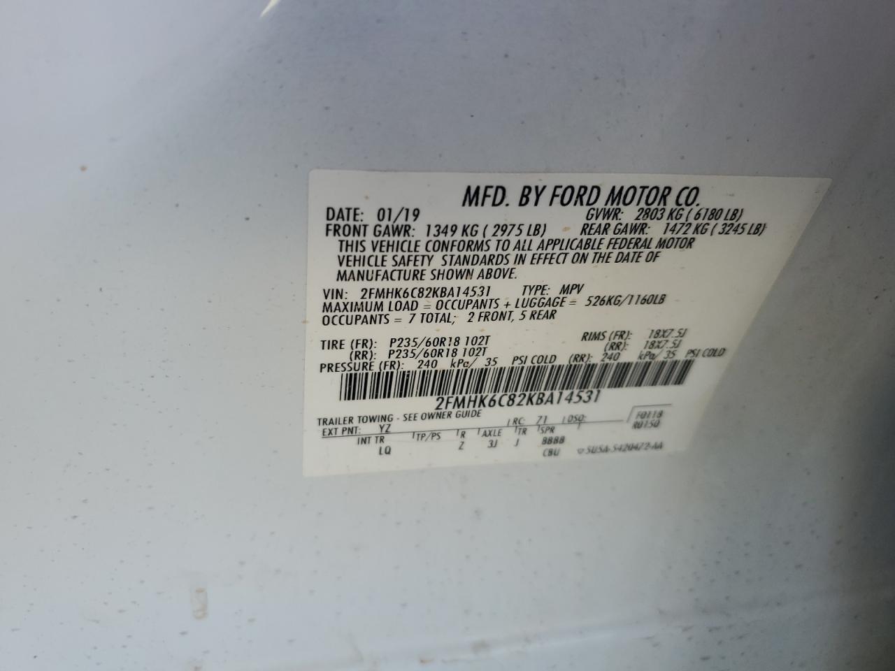 2019 Ford Flex Sel VIN: 2FMHK6C82KBA14531 Lot: 86543675