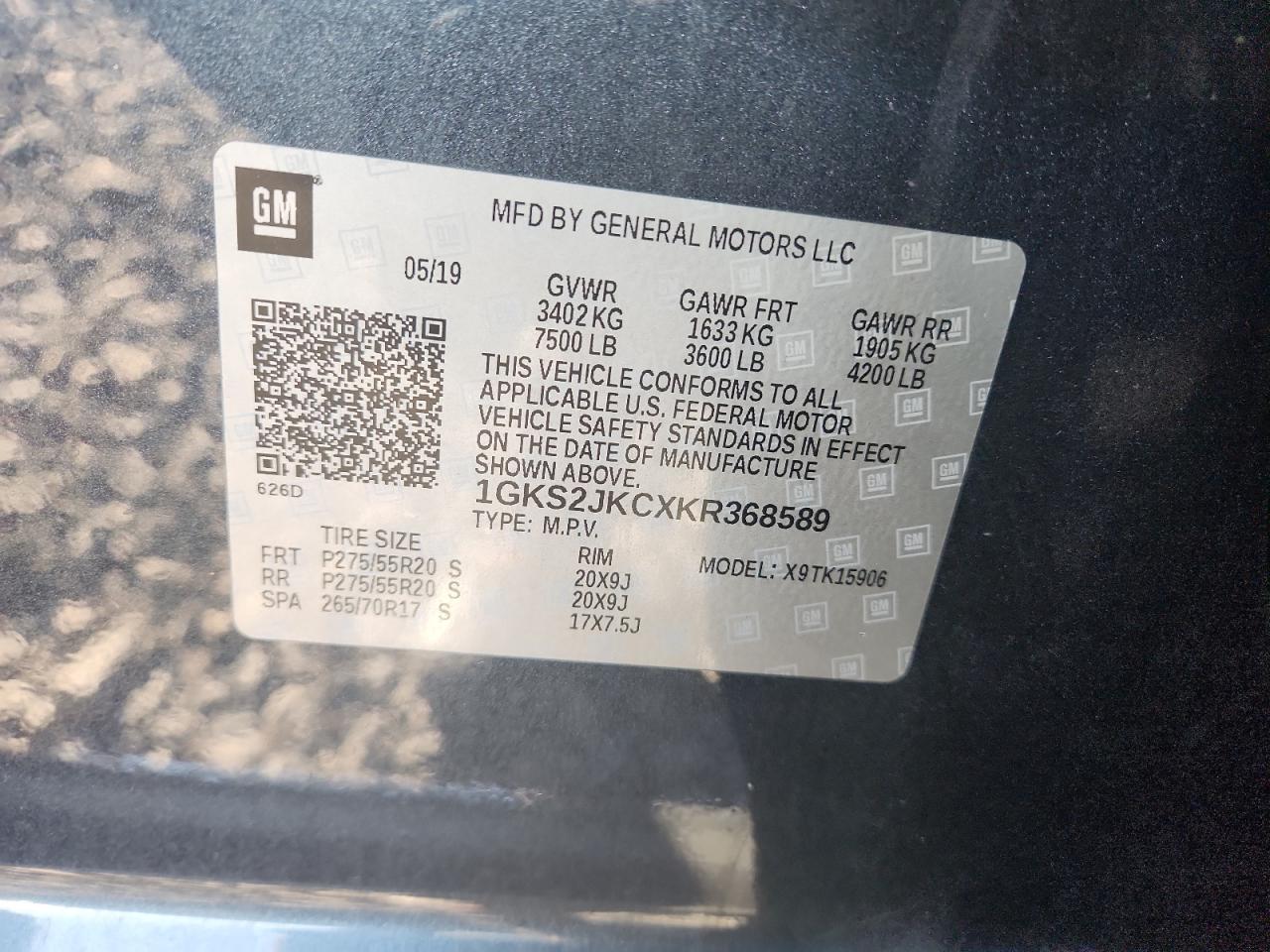 2019 GMC Yukon Xl K1500 Slt VIN: 1GKS2JKCXKR368589 Lot: 89446605