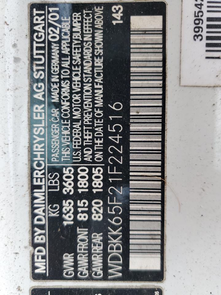 2001 Mercedes-Benz Slk 320 VIN: WDBKK65F21F224516 Lot: 86218495