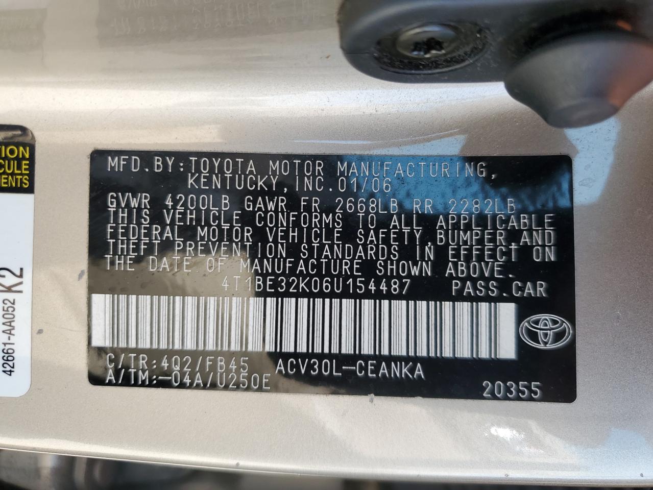 2006 Toyota Camry Le VIN: 4T1BE32K06U154487 Lot: 86151625