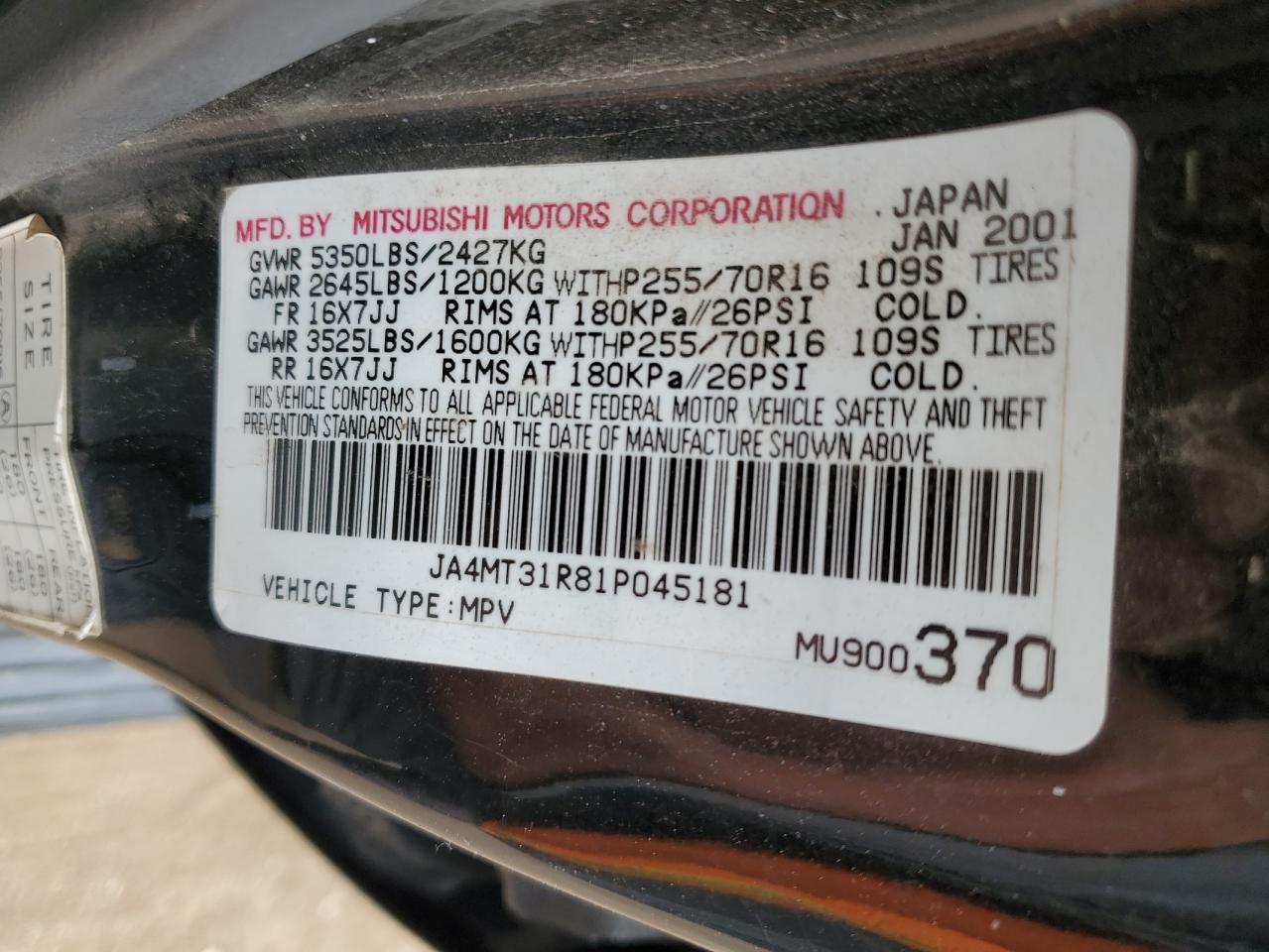 2001 Mitsubishi Montero Sport Xs VIN: JA4MT31R81P045181 Lot: 85372875