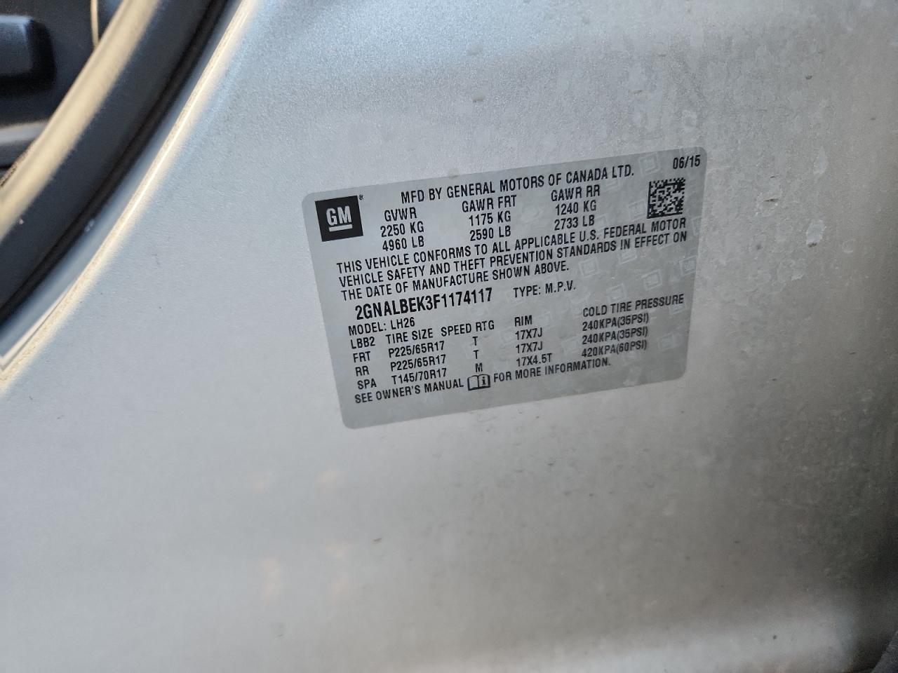 2015 Chevrolet Equinox Lt VIN: 2GNALBEK3F1174117 Lot: 82141265