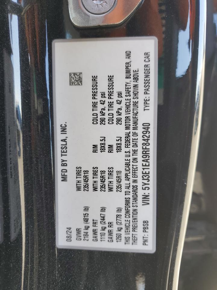 2024 Tesla Model 3 VIN: 5YJ3E1EA9RF842940 Lot: 84780175