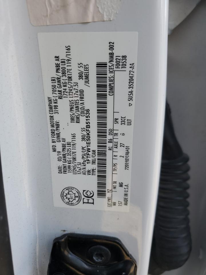 2019 Ford F150 Supercrew VIN: 1FTFW1E50KFB51536 Lot: 87073085