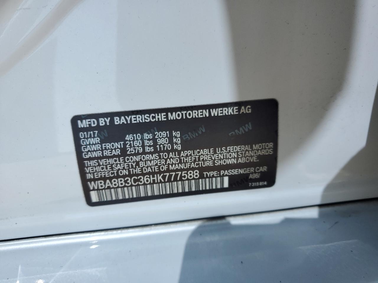 2017 BMW 340 I VIN: WBA8B3C36HK777588 Lot: 86161345