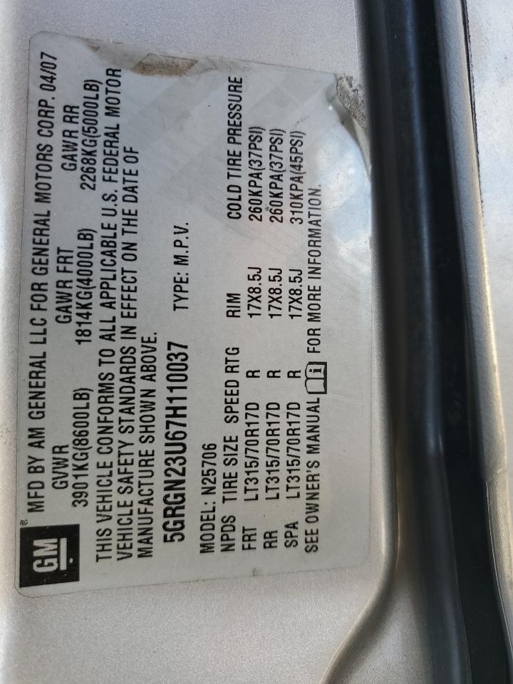 2007 Hummer H2 VIN: 5GRGN23U67H110037 Lot: 90794075