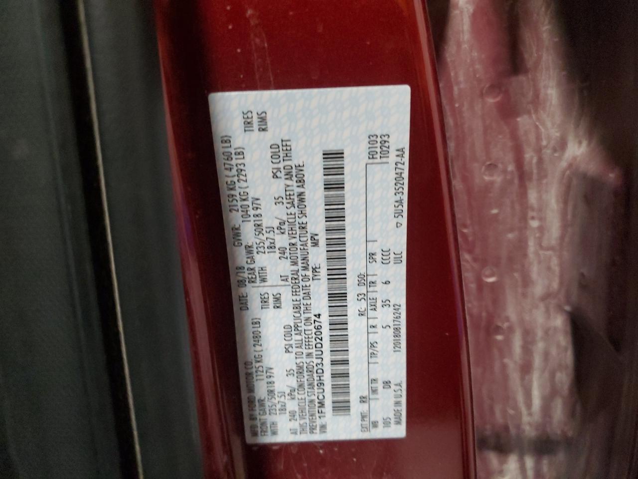 2018 Ford Escape Sel VIN: 1FMCU9HD3JUD20674 Lot: 90370945