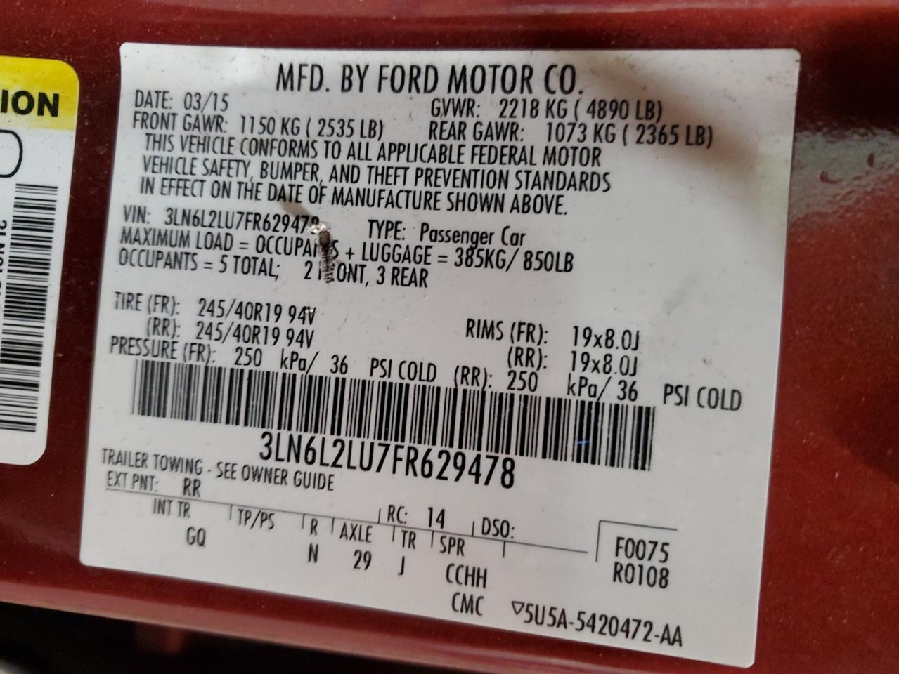 2015 Lincoln Mkz Hybrid VIN: 3LN6L2LU7FR629478 Lot: 85881025