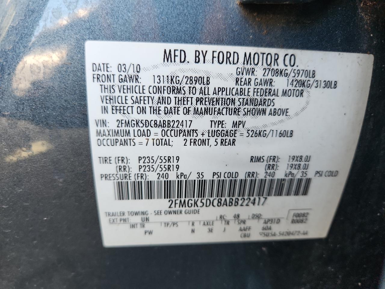 2010 Ford Flex Limited VIN: 2FMGK5DC8ABB22417 Lot: 87280245