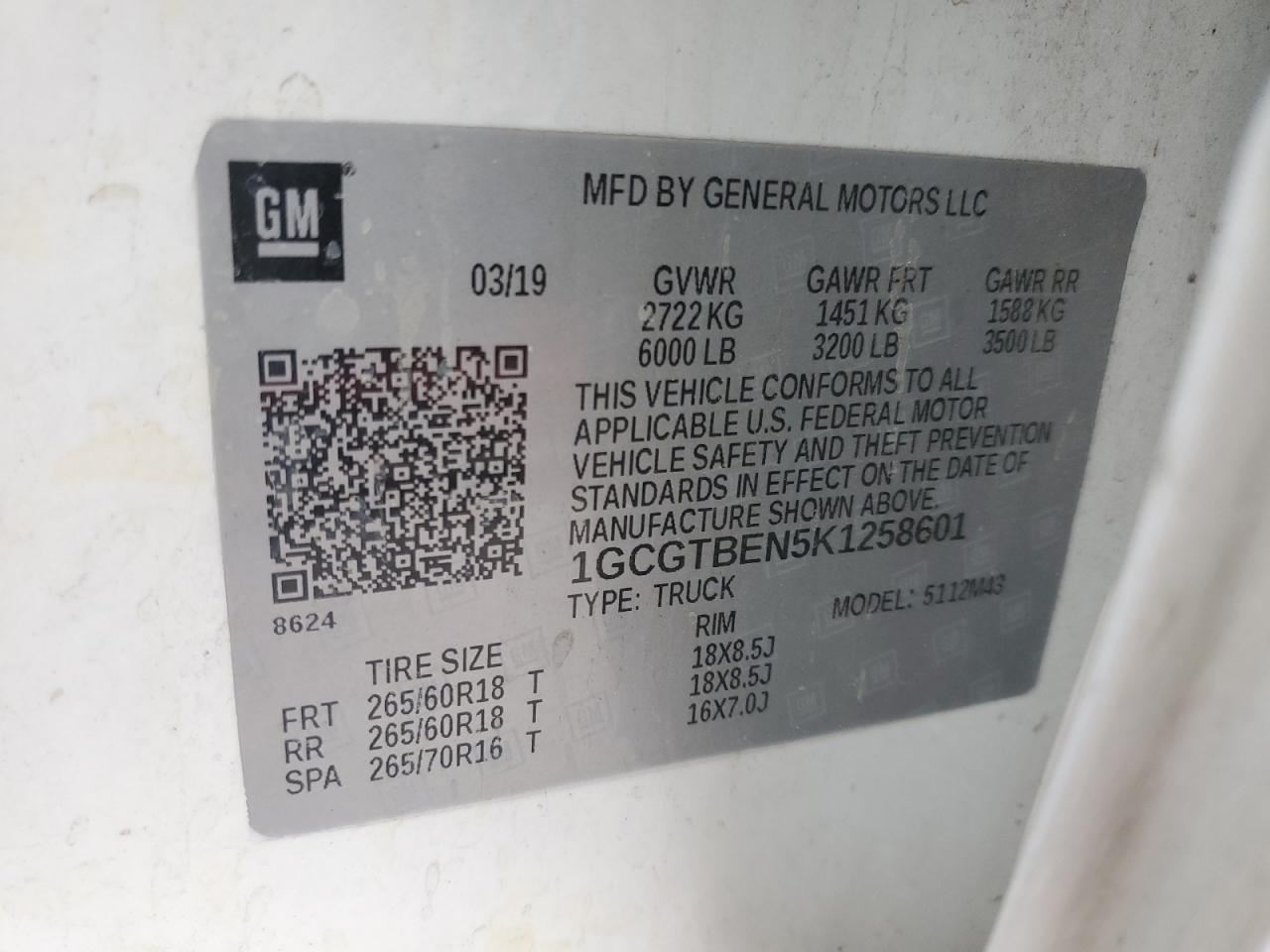 2019 Chevrolet Colorado VIN: 1GCGTBEN5K1258601 Lot: 90816905