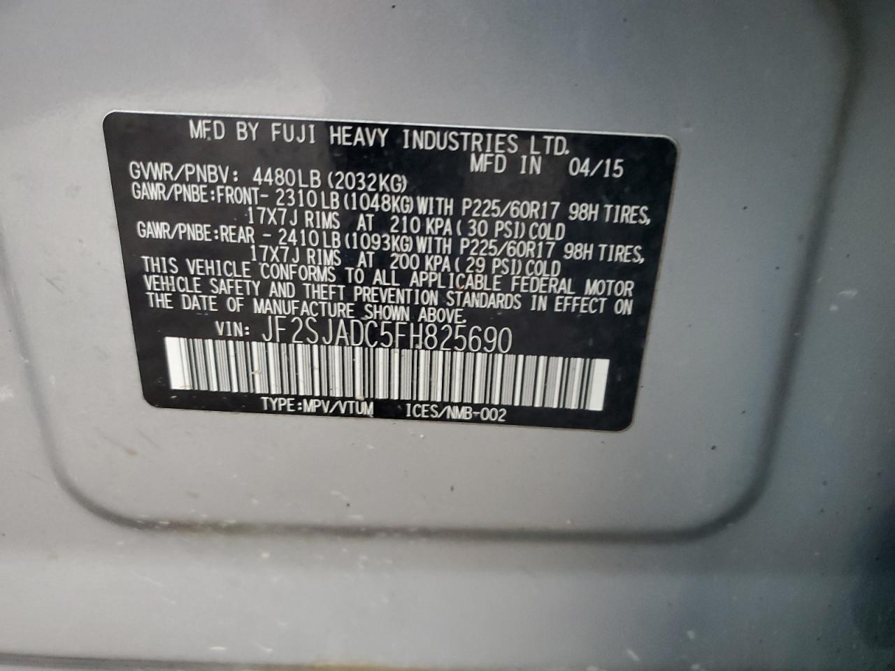 2015 Subaru Forester 2.5I Premium VIN: JF2SJADC5FH825690 Lot: 85371185