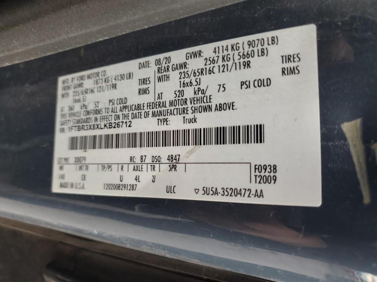 2020 Ford Transit Delivery Van VIN: 1FTBR3X8XLKB26712 Lot: 86990385