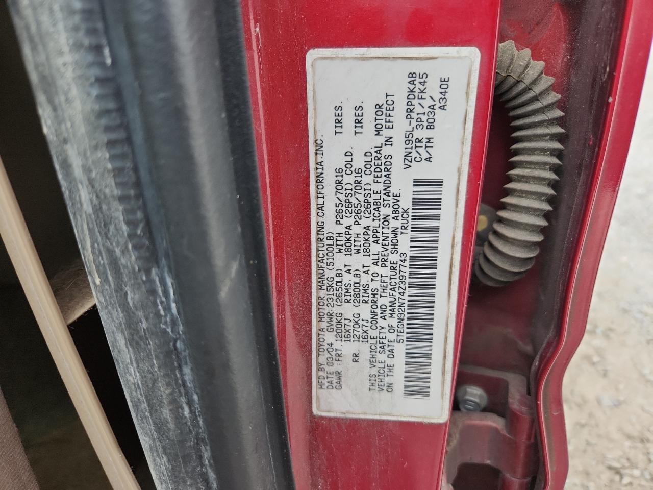 2004 Toyota Tacoma Double Cab Prerunner VIN: 5TEGN92N74Z397743 Lot: 85764995