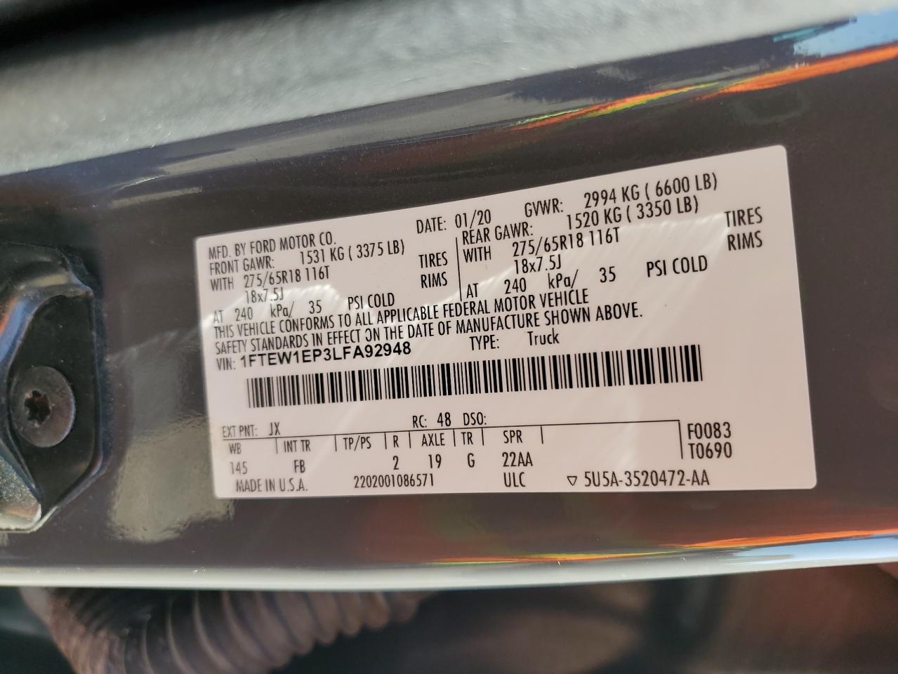 2020 Ford F150 Supercrew VIN: 1FTEW1EP3LFA92948 Lot: 86449925